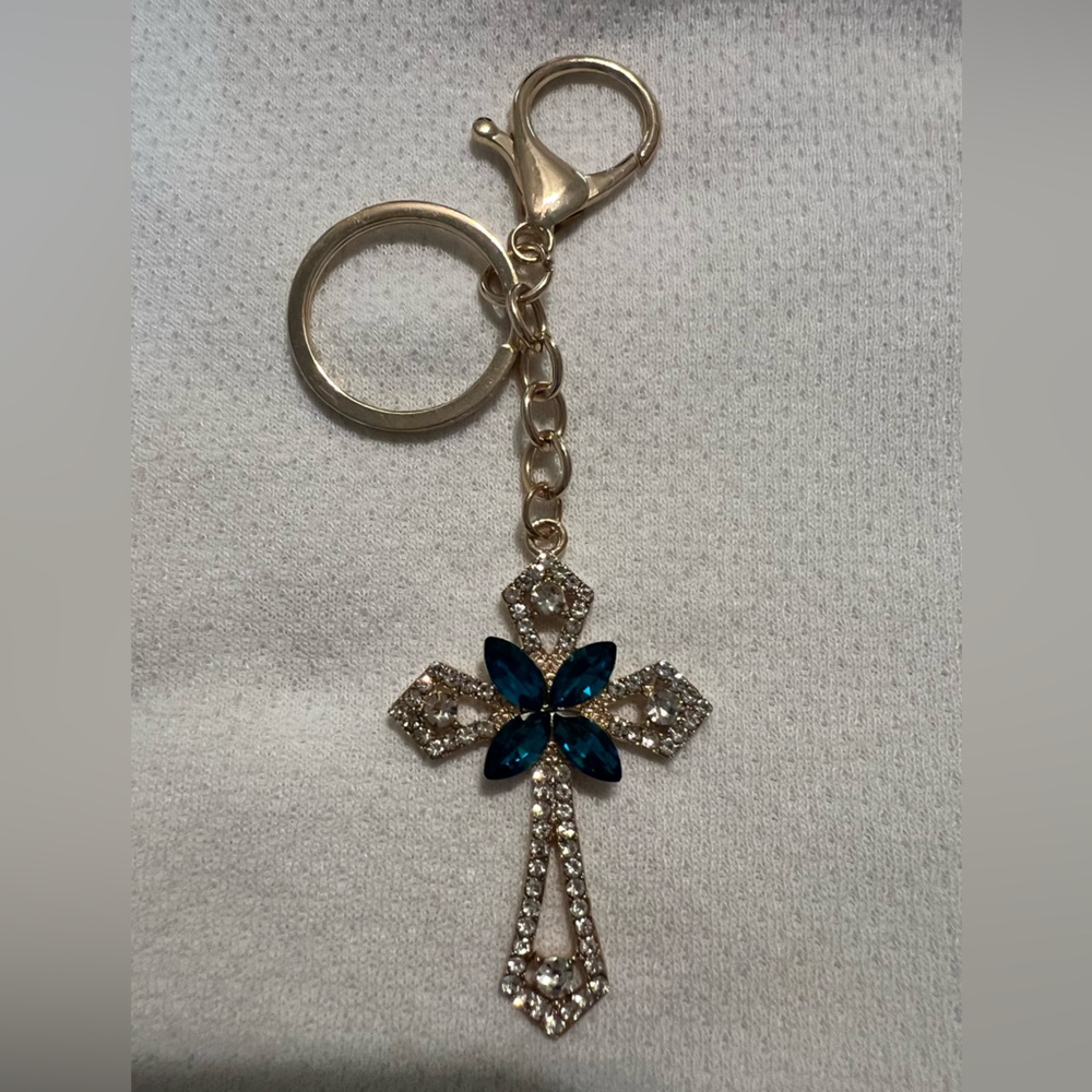 Elegant Gold and Blue Crystal Cross Keychain/Bag charm New in Package